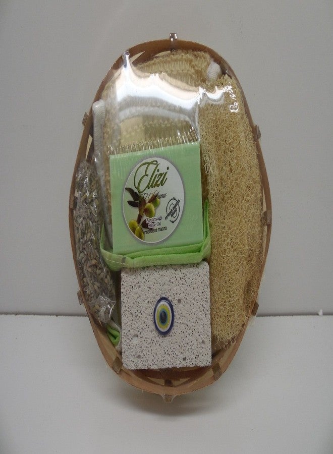 Elizi Knitting Basket Turkish Bath Set Soap Heel Stone Lavender and Fiber Bath Hammam Set - Image 1